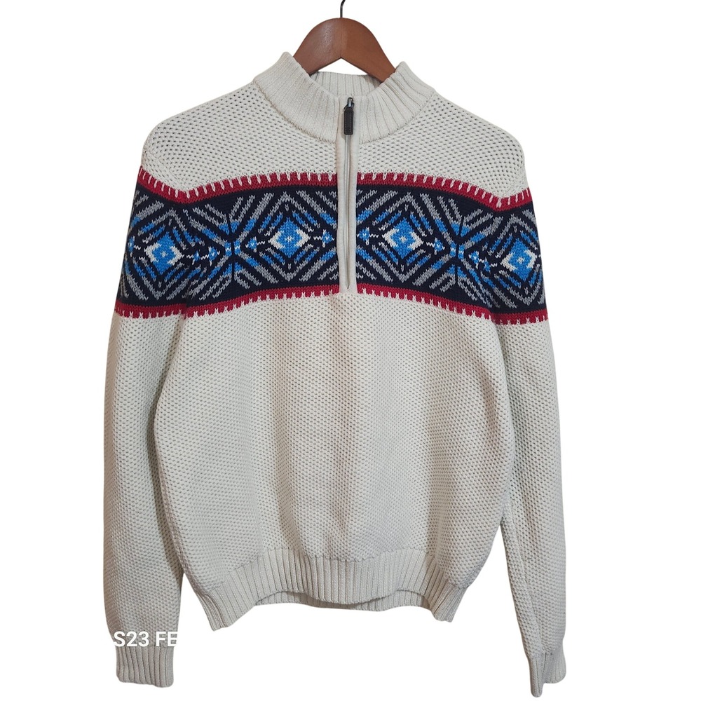 IZOD Quarter Zip Sweater Men's M Vanilla Ice Cream Fair Isle Geometric Apres Ski